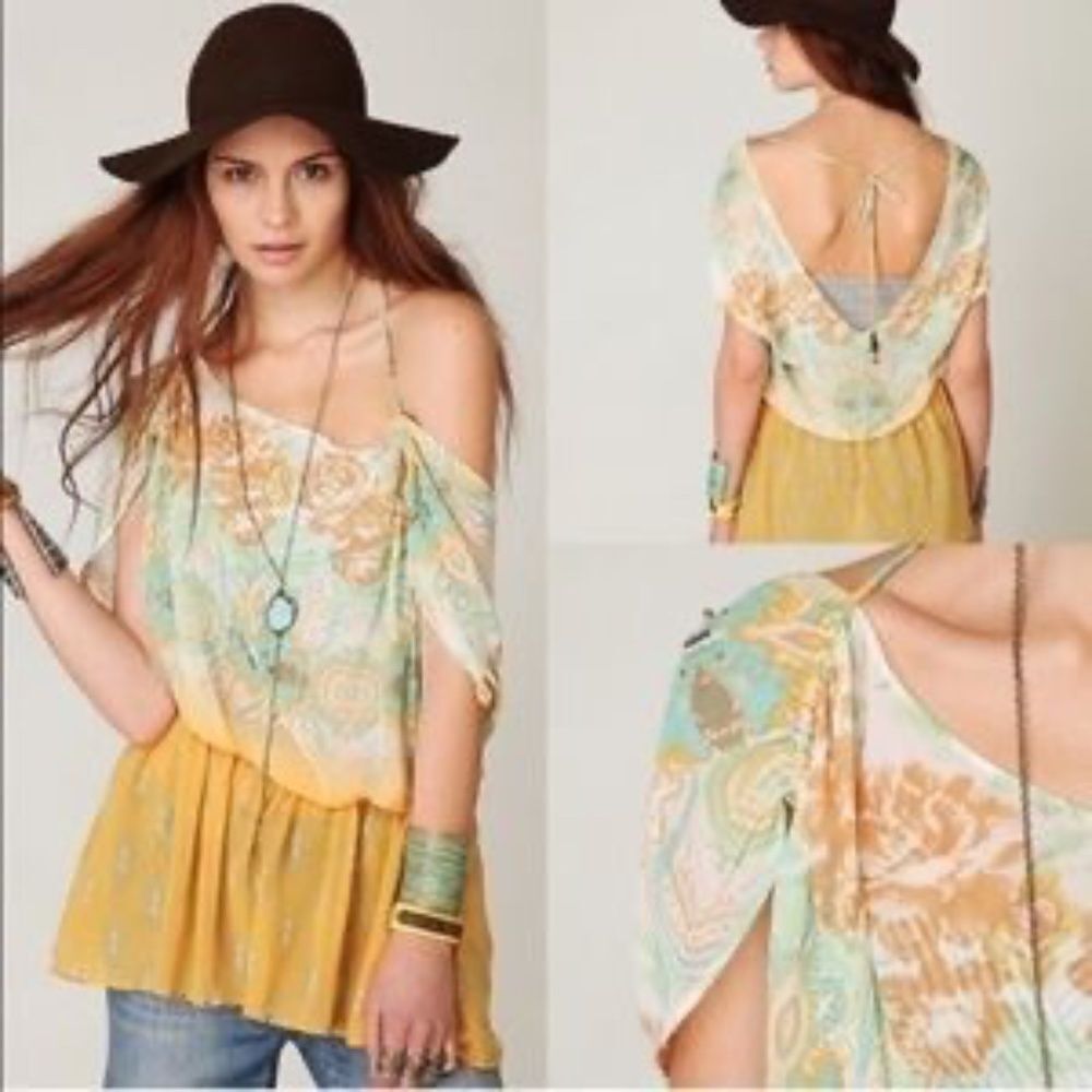 Free People Semi Sheer Boho Orange/Blue Top Sz XS